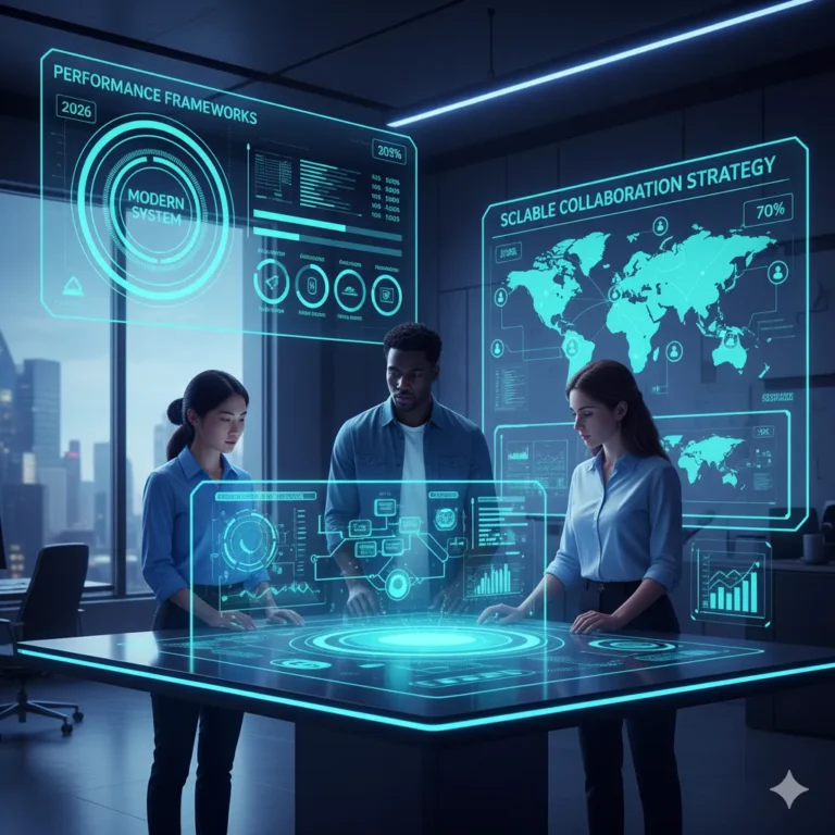 A professional 2026 office environment with a diverse team collaborating around a holographic table displaying 'Performance Frameworks' and 'Scalable Collaboration Strategies'