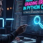 Software developer debugging Python code on a monitor, using an AI-assisted search and analysis tool to identify and fix grading logic errors in a programming workflow