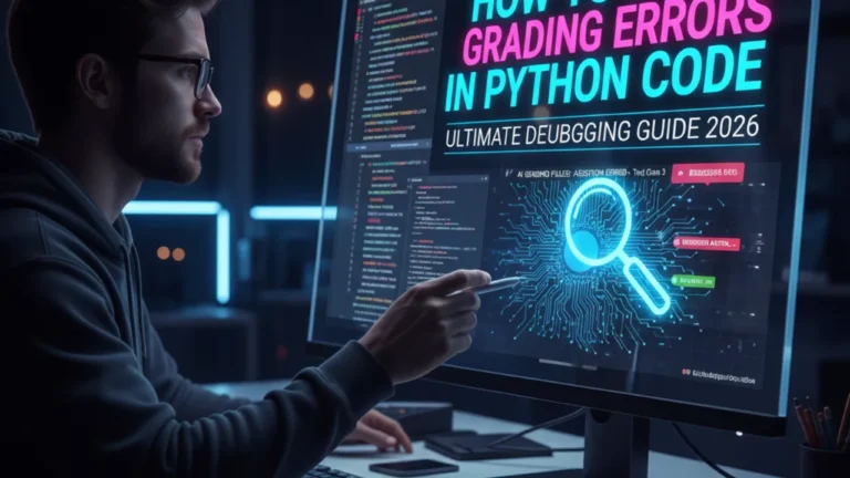 Software developer debugging Python code on a monitor, using an AI-assisted search and analysis tool to identify and fix grading logic errors in a programming workflow