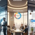 A three-panel digital illustration showcasing the future of business: the first panel depicts a human professional collaborating with a holographic AI agent; the second shows a small, elite team strategizing around a central digital data interface; the third illustrates a professional managing conversational commerce and automated growth metrics in a modern, light-filled workspace.