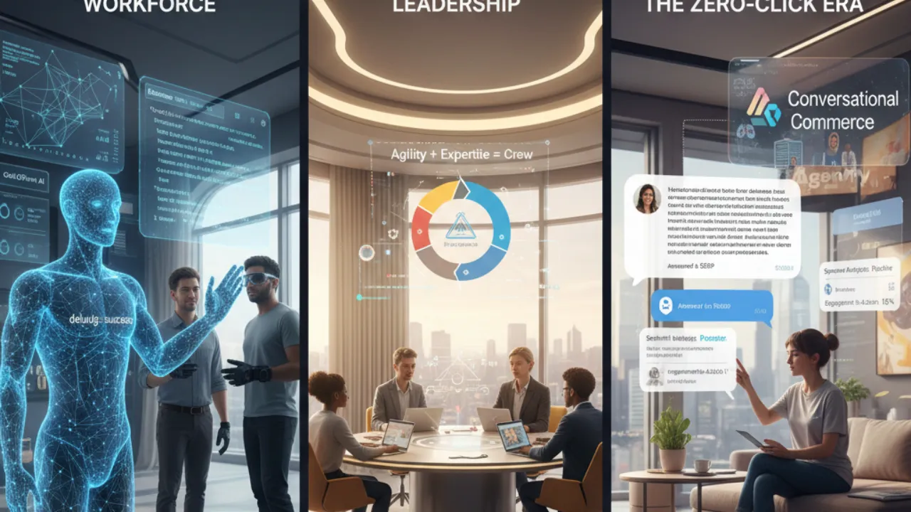 A three-panel digital illustration showcasing the future of business: the first panel depicts a human professional collaborating with a holographic AI agent; the second shows a small, elite team strategizing around a central digital data interface; the third illustrates a professional managing conversational commerce and automated growth metrics in a modern, light-filled workspace.