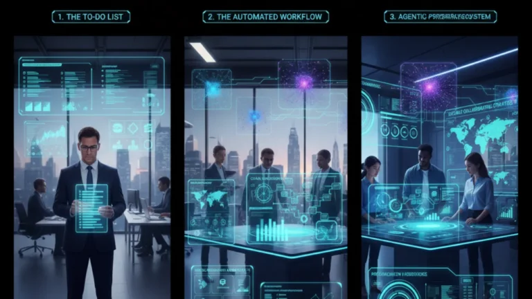 Infographic illustrating the evolution of productivity: from (1) individual to-do lists, to (2) automated digital workflows, and finally (3) agentic performance ecosystems using autonomous AI networks in 2026.