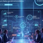 A professional team in a modern office collaborating around a holographic table displaying workplace automation strategies and operational ecosystems