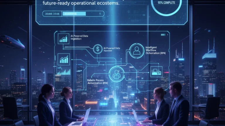 A professional team in a modern office collaborating around a holographic table displaying workplace automation strategies and operational ecosystems