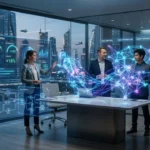 A collaborative 2026 office environment where three business professionals interact with dynamic, glowing neural network representations of autonomous AI agents. Holographic dashboards display data visualizations for 'Goal Tracking' and 'Digital Workflow Automation' against a futuristic city skyline.