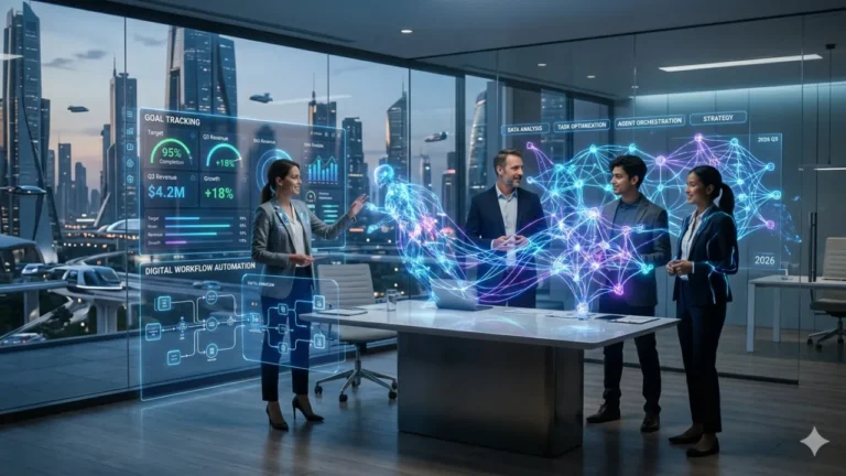 A collaborative 2026 office environment where three business professionals interact with dynamic, glowing neural network representations of autonomous AI agents. Holographic dashboards display data visualizations for 'Goal Tracking' and 'Digital Workflow Automation' against a futuristic city skyline.